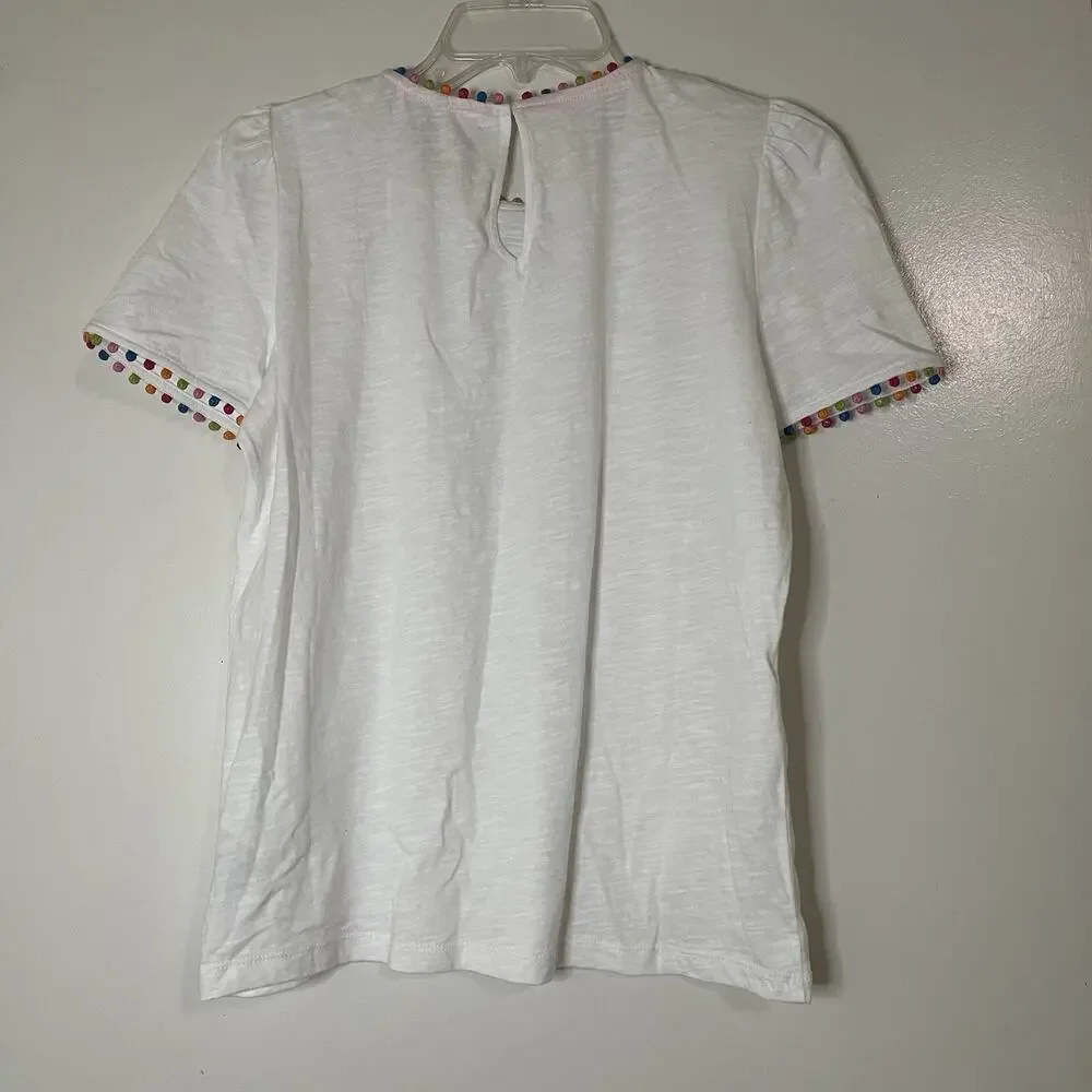BODEN Ali Puff Sleeve Pom white cotton T-Shirt US 4